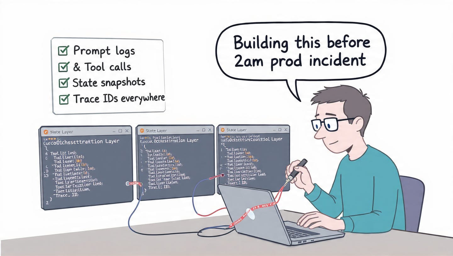 Developer building observability instrumentation for a four-layer agentic system on a laptop with multiple terminal windows