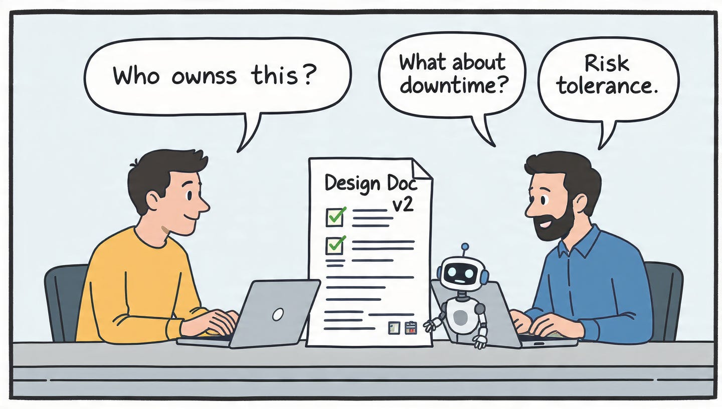 Developer and PM sitting together to clarify unresolved decisions before finishing a design document with AI assistance
