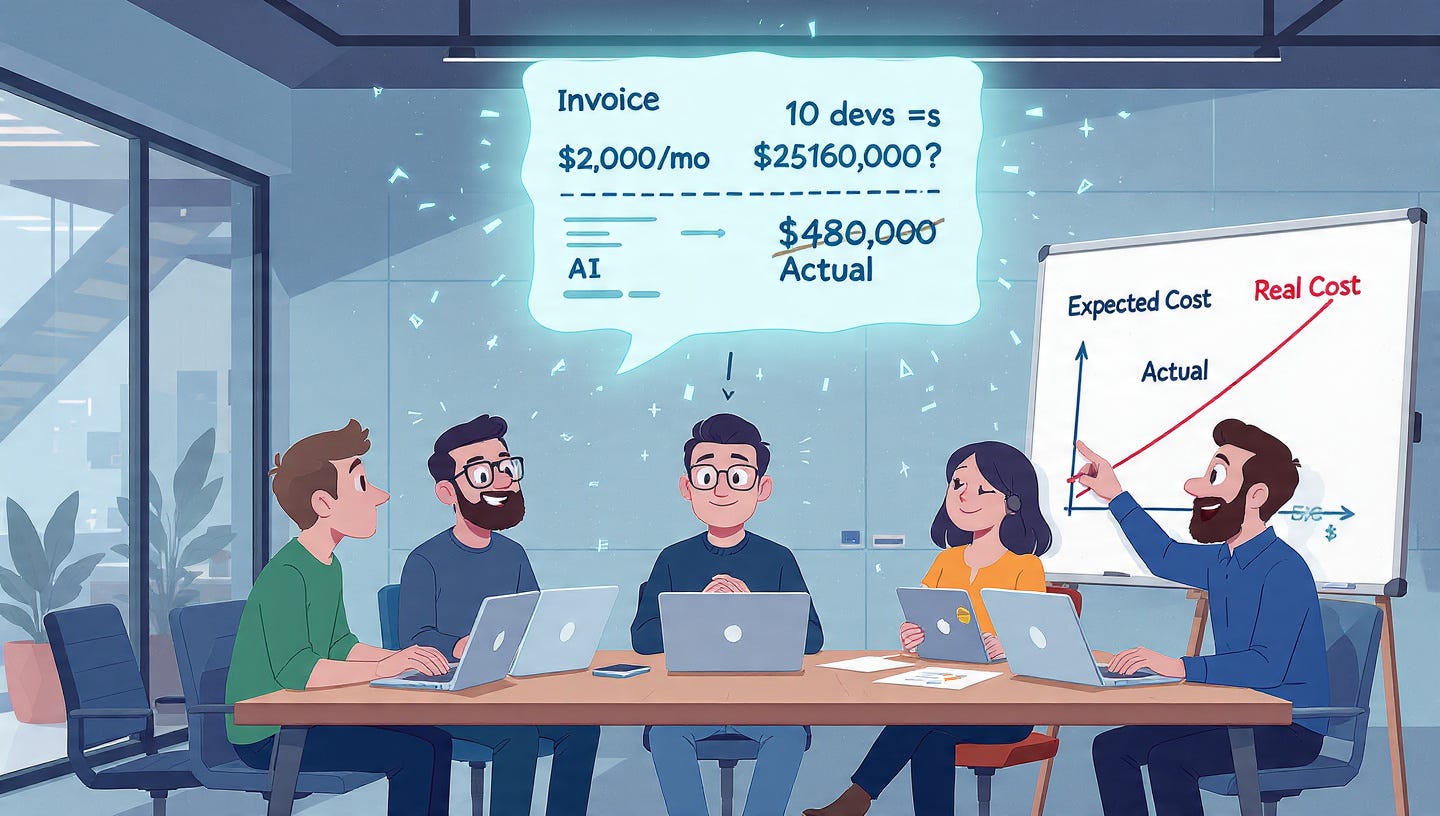 A team of developers collaborating around laptops in a modern open office