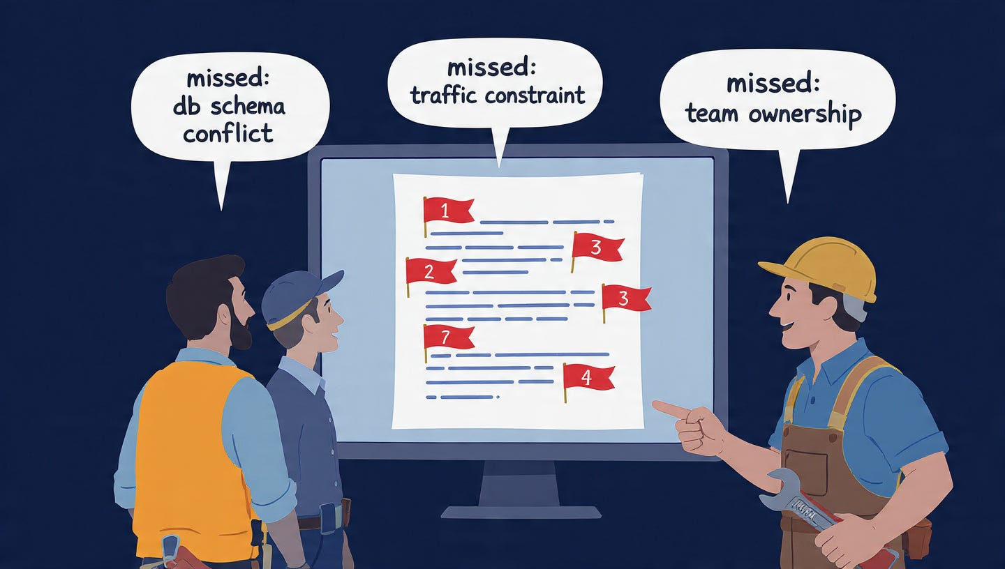Engineering team discovering during implementation that a design document missed critical system-specific constraints