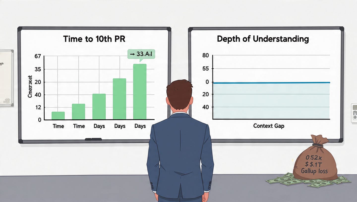 Charts showing the cost of developer ramp-up time and productivity gaps in a growing team