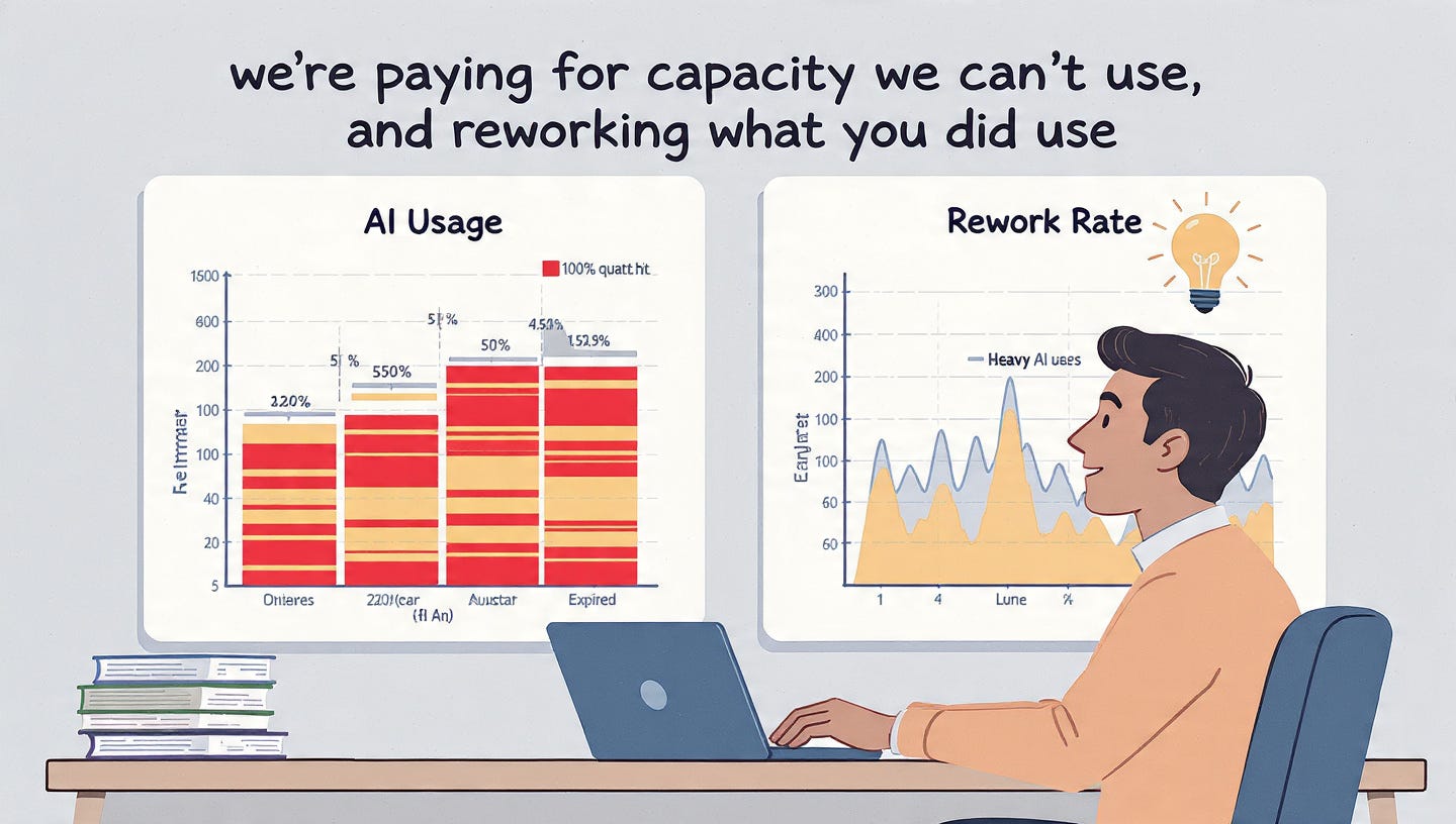 Team lead analyzing per-developer usage patterns and rework rates in an engineering analytics dashboard