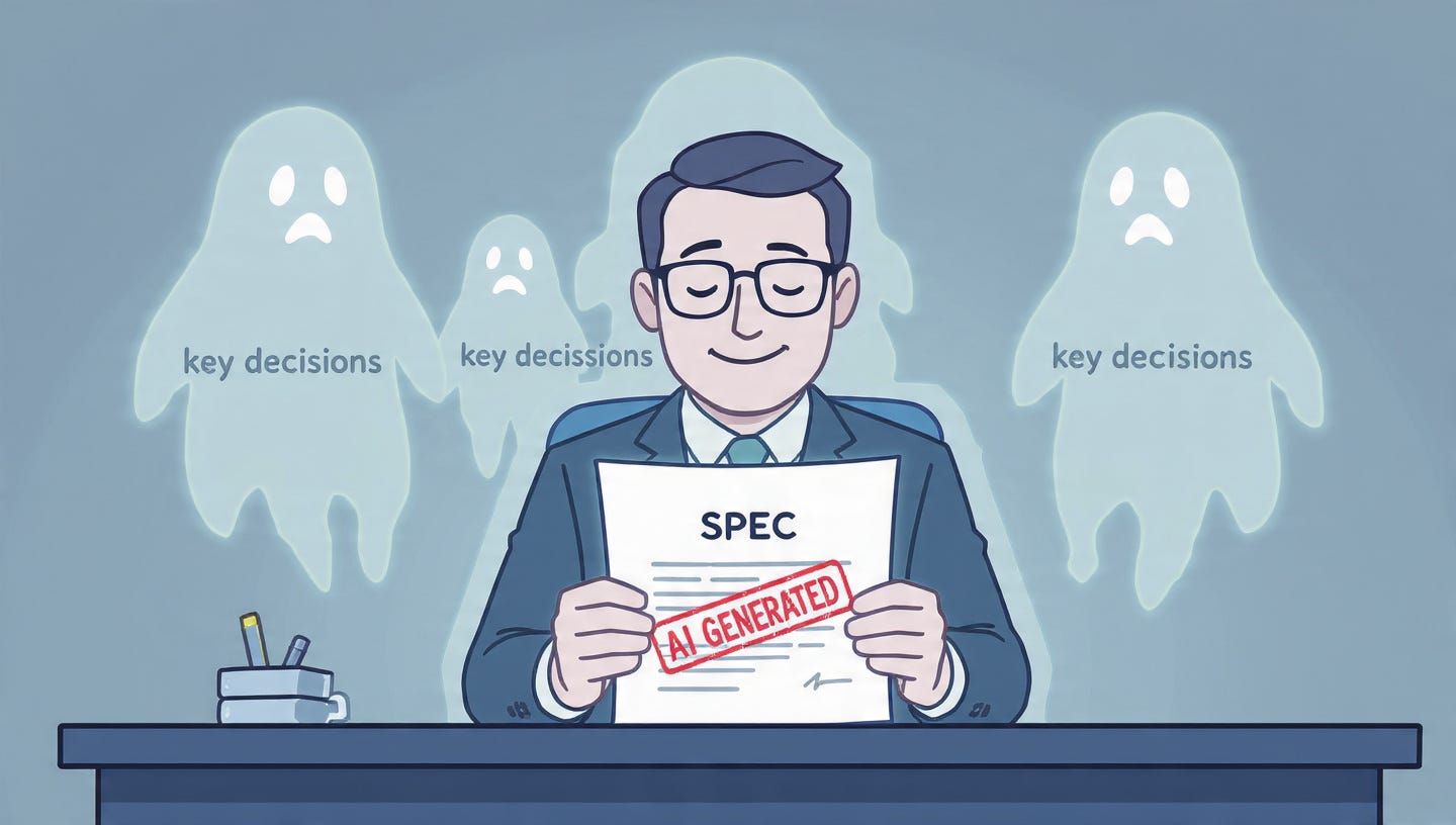 Product manager reviewing a polished-looking AI-generated spec document, unaware it lacks key decisions