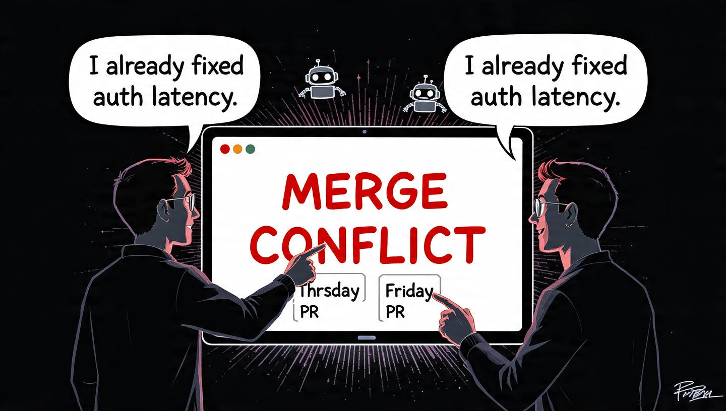 Two developers discovering a merge conflict during code review, a direct result of duplicated AI work