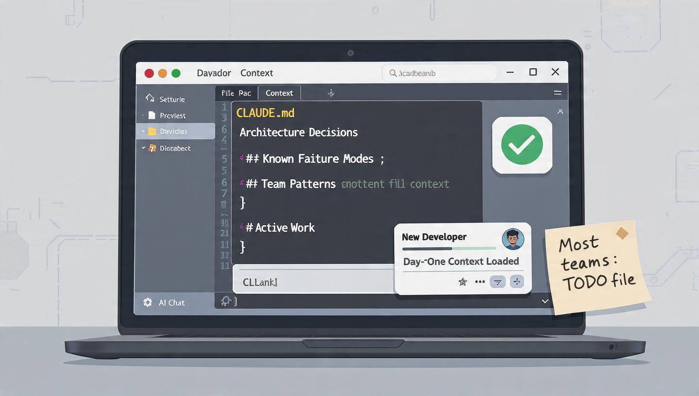 Code editor open on a laptop showing a well-structured CLAUDE.md and architectural notes