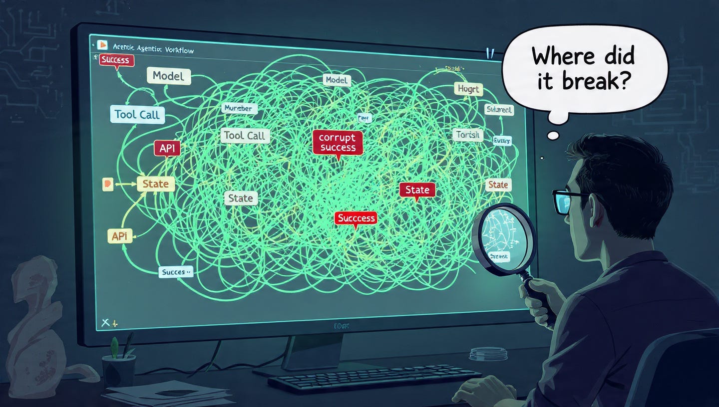Developer staring at an agentic workflow trace on a large monitor, trying to identify where the failure occurred