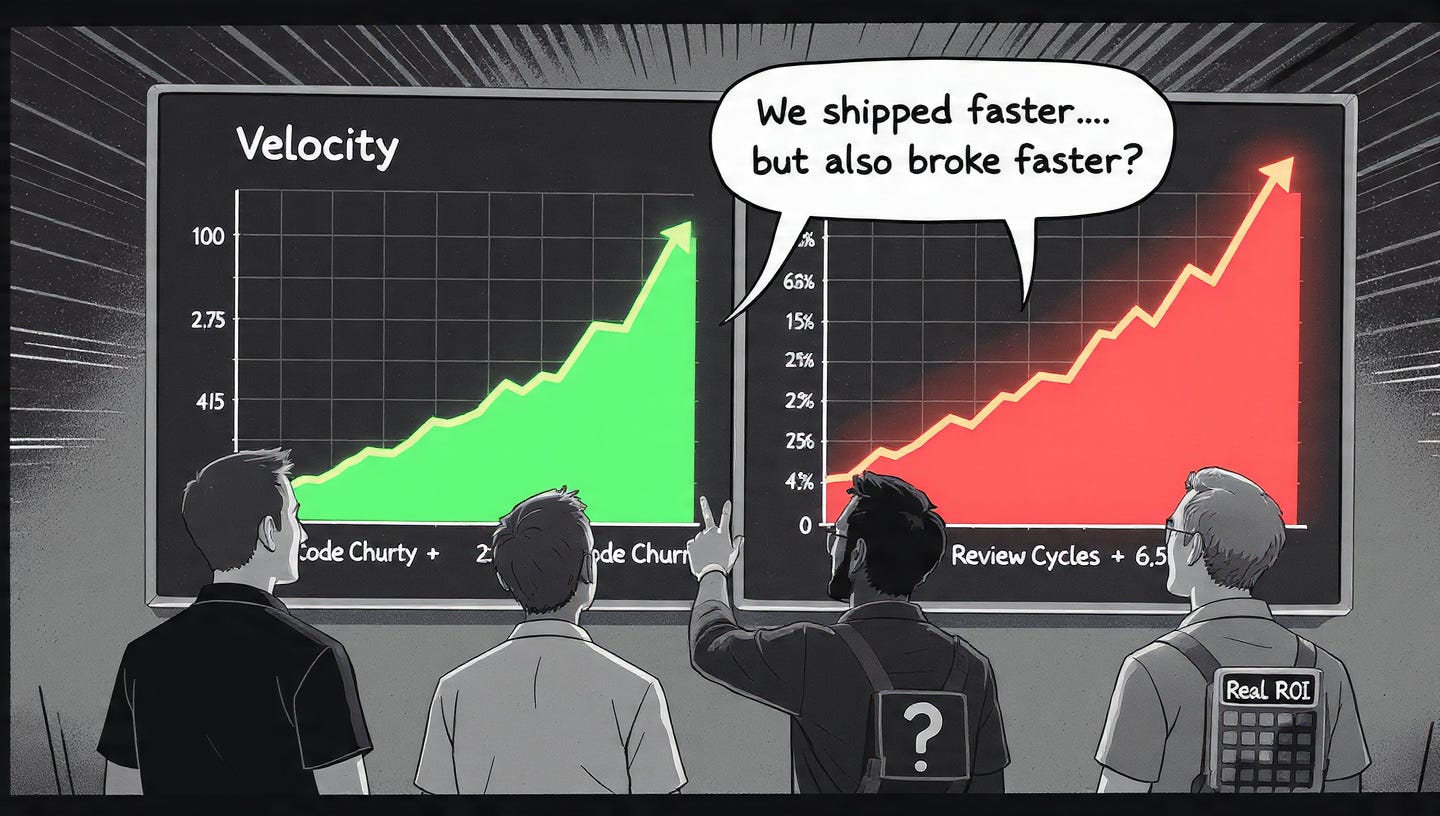 Engineering team reviewing pull request data and code churn metrics against velocity on shared screens