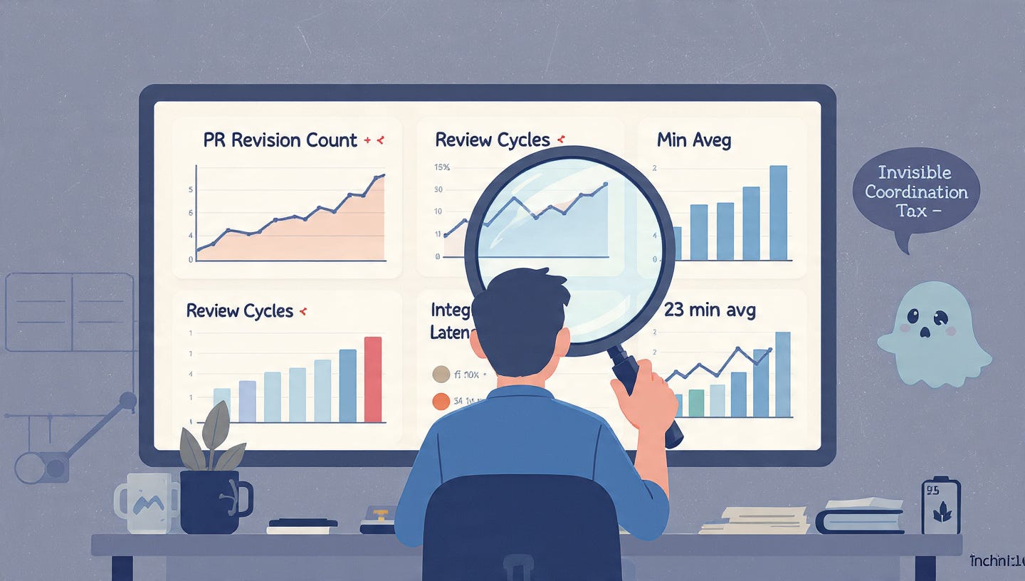 Developer reviewing metrics on screen: PR revision counts, review cycles, and integration latency