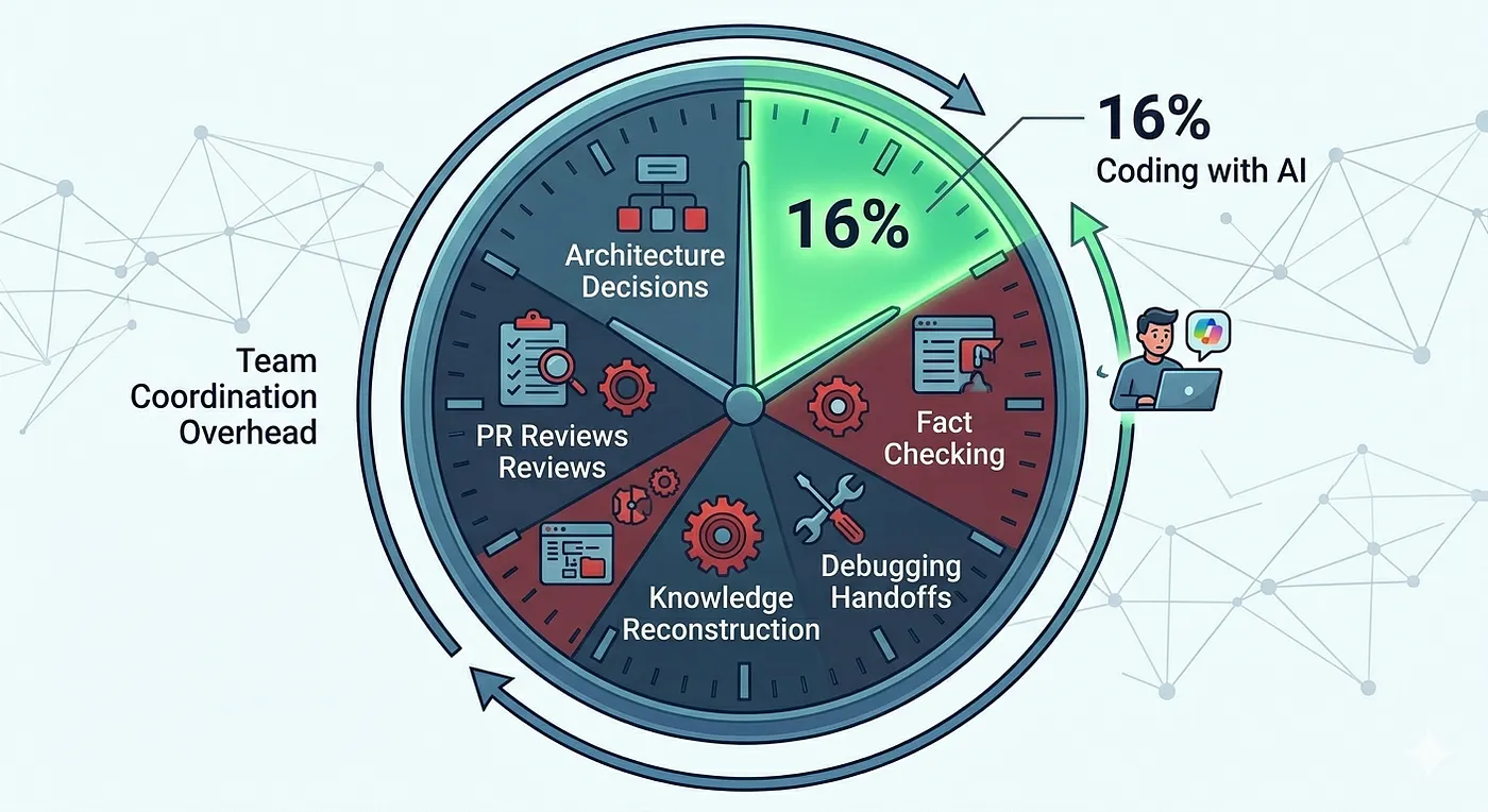The 16% Trap: AI optimizes the smallest segment of a developer’s day, leaving the massive coordination overhead untouched.