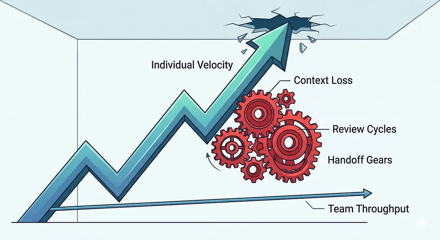 The Paradox: Individual velocity spikes while team throughput remains flat, crushed by the gears of context loss.
