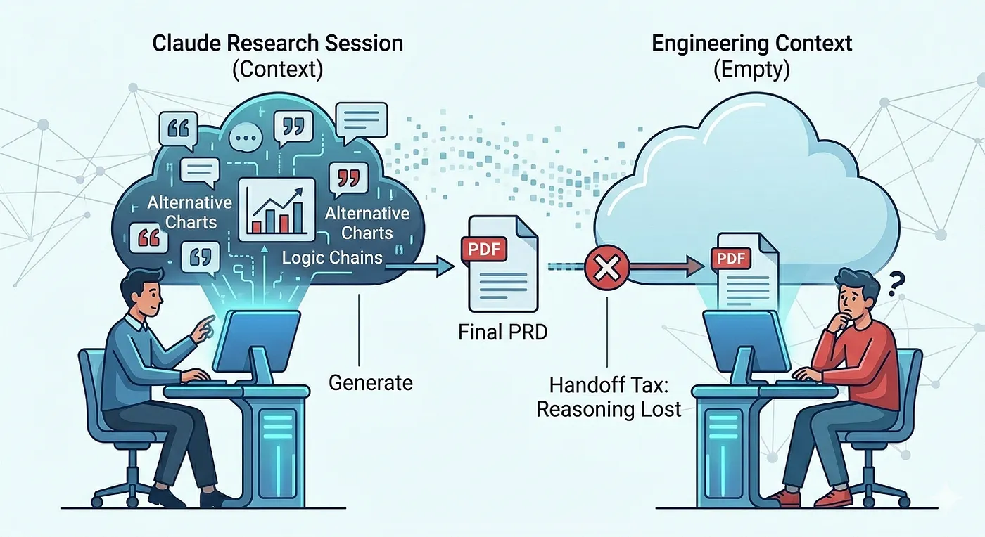 Lost in Transit: A PM builds rich context in Claude (left), but only shuffles a flat document (the PRD) to the engineer, forcing them to rebuild the reasoning from scratch.