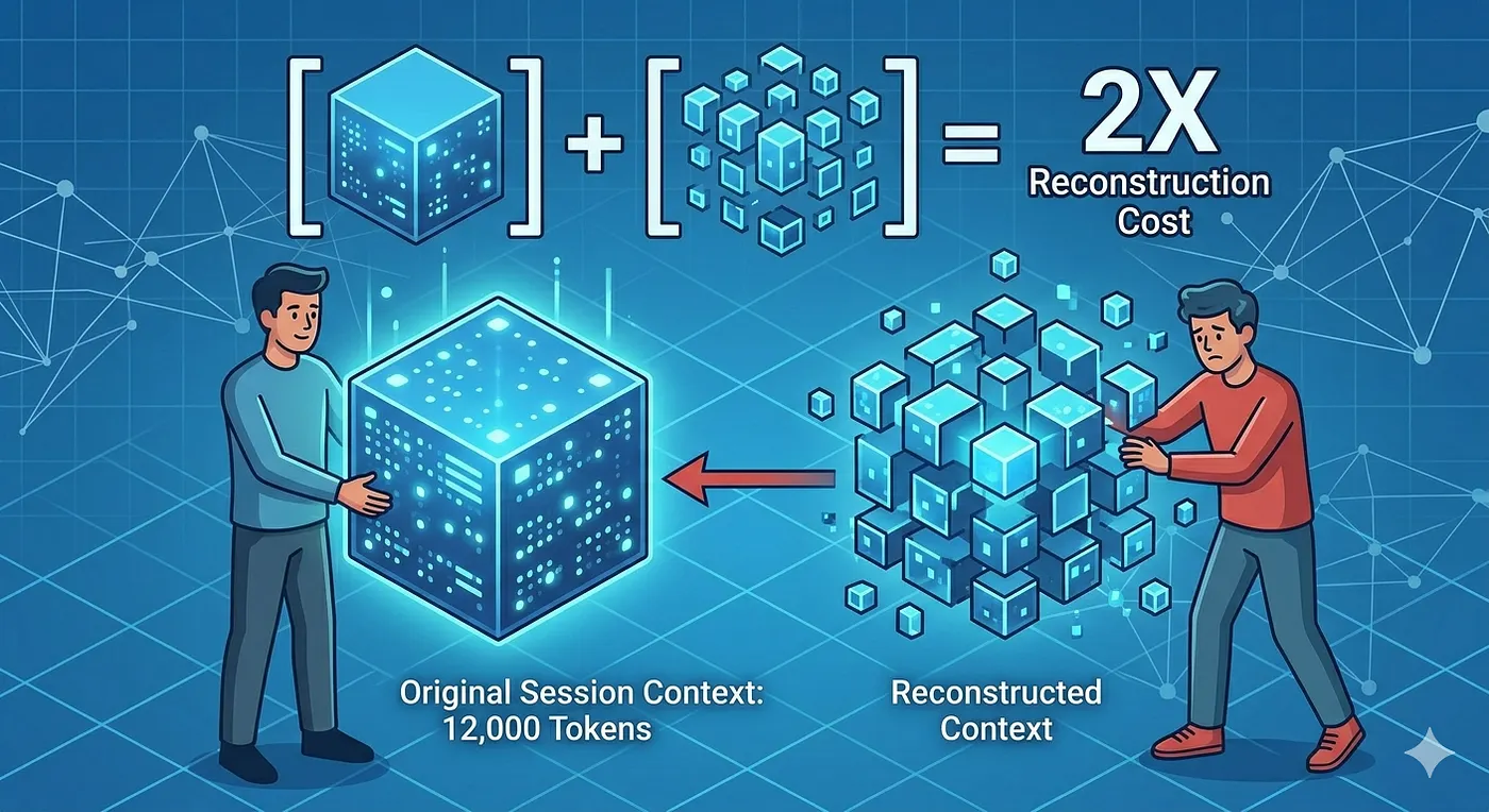 Doubling the Cost: When one developer must reconstruct 12,000 tokens of reasoning context (right) that already exists (left), the knowledge cost of the task doubles.